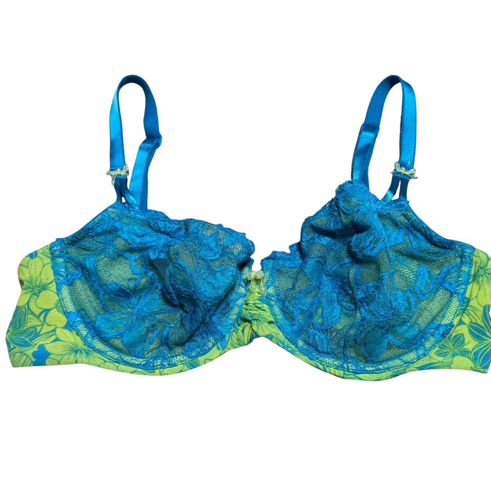 Victoria's Secret Women 36C Unlined Lace Balconette Bra Green Blue Y2K Floral